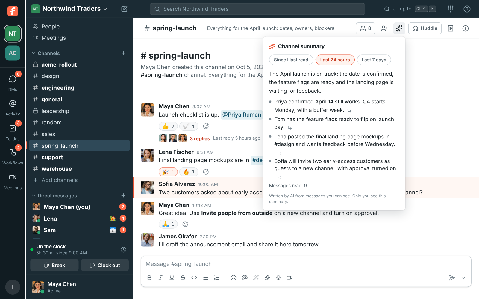 The #spring-launch channel with its AI channel summary open