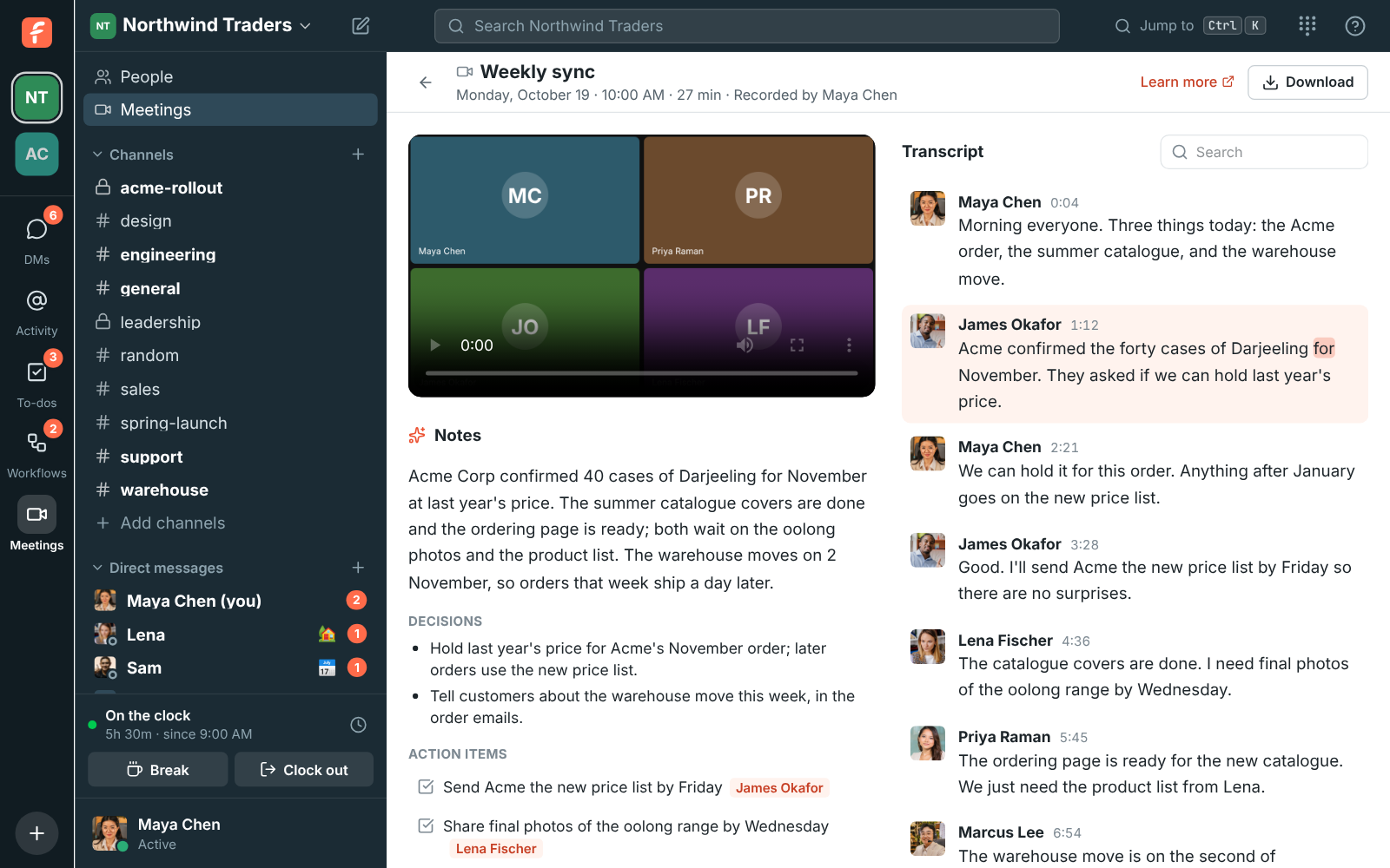 A recorded weekly sync with AI notes, decisions and action items next to a transcript that follows the recording