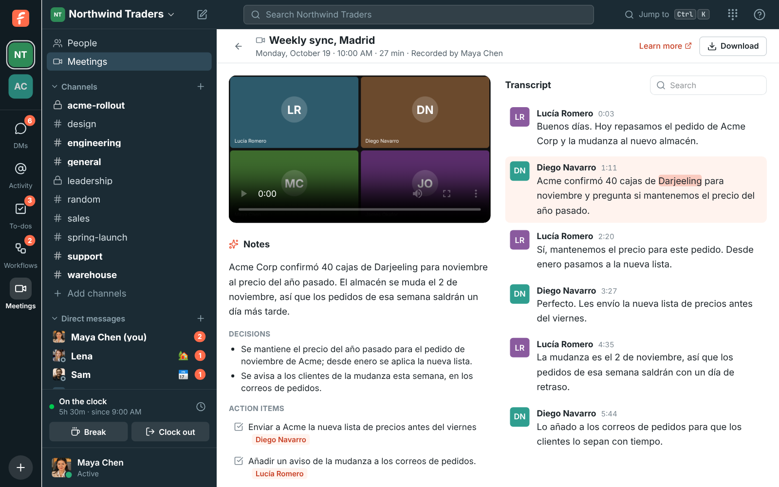 A weekly sync held in Spanish, with the notes and transcript in Spanish