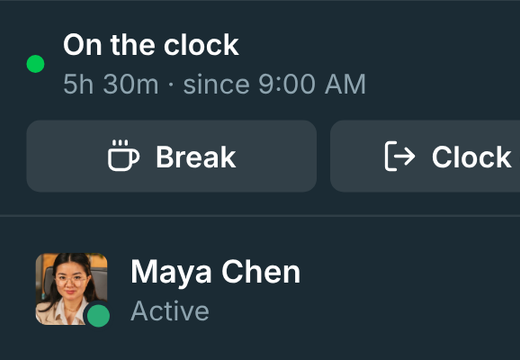 The punch clock card showing On the clock with Break and Clock out